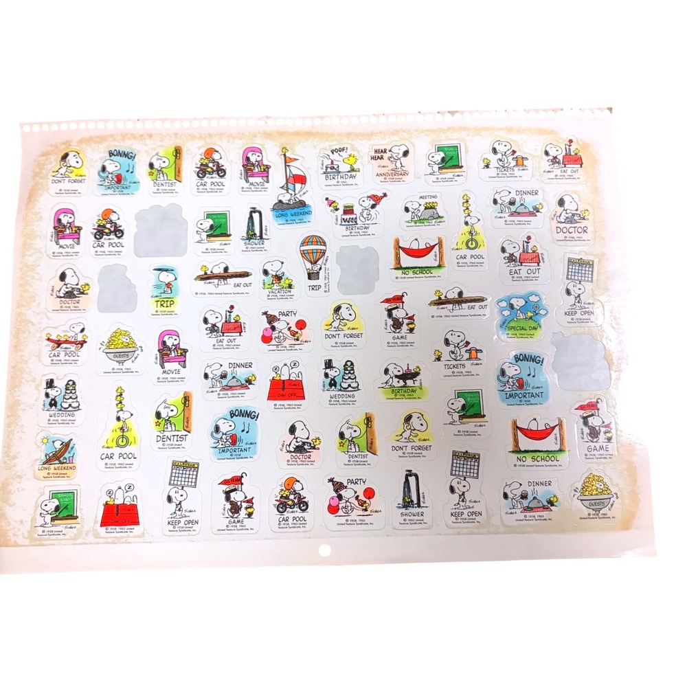 Vintage 1965 Peanuts Snoopy Woodstock Sticker Sheet Calendar Activity Schulz